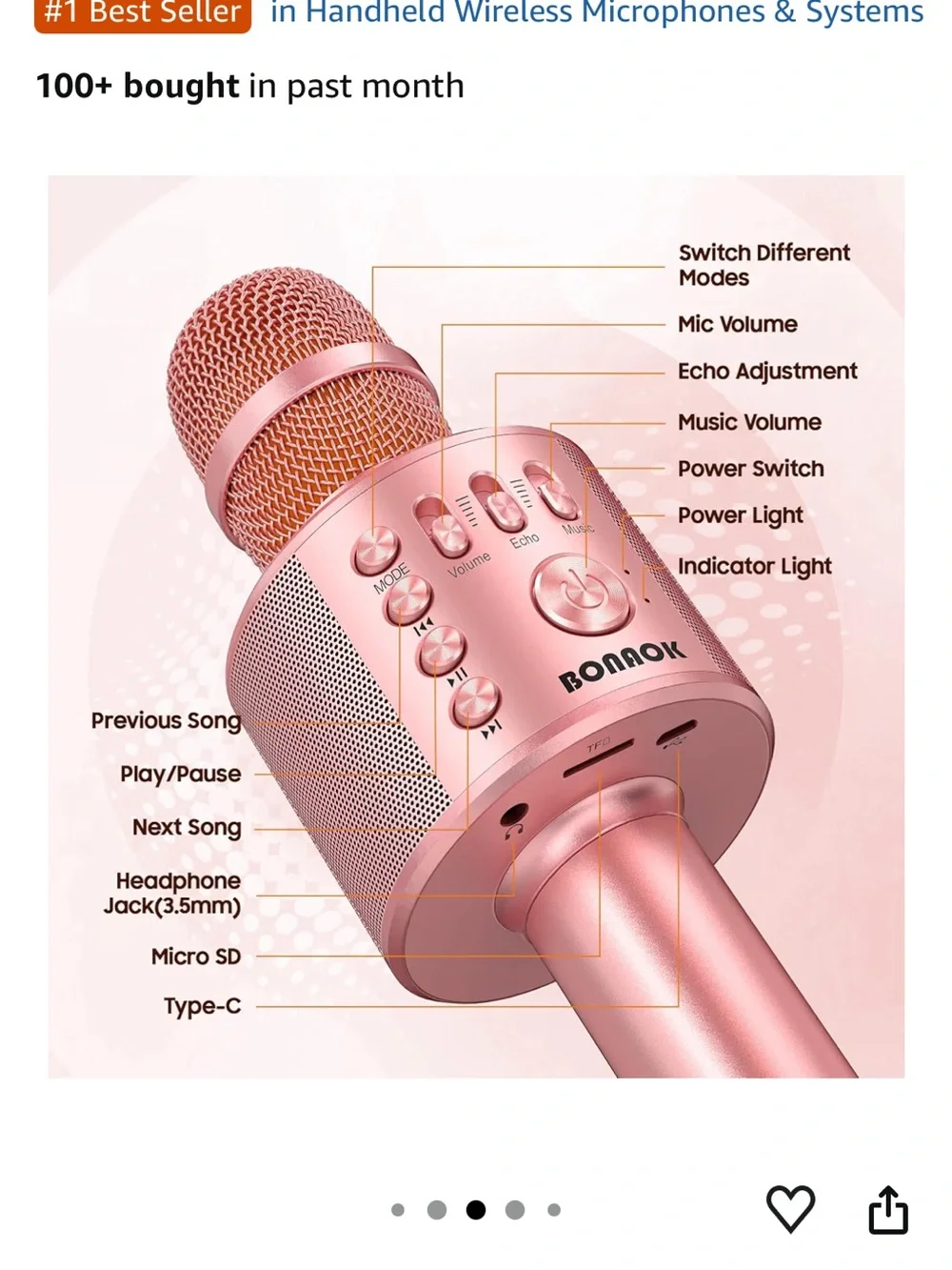 Rose Gold Bluetooth Wireless Handheld Microphone with Speaker